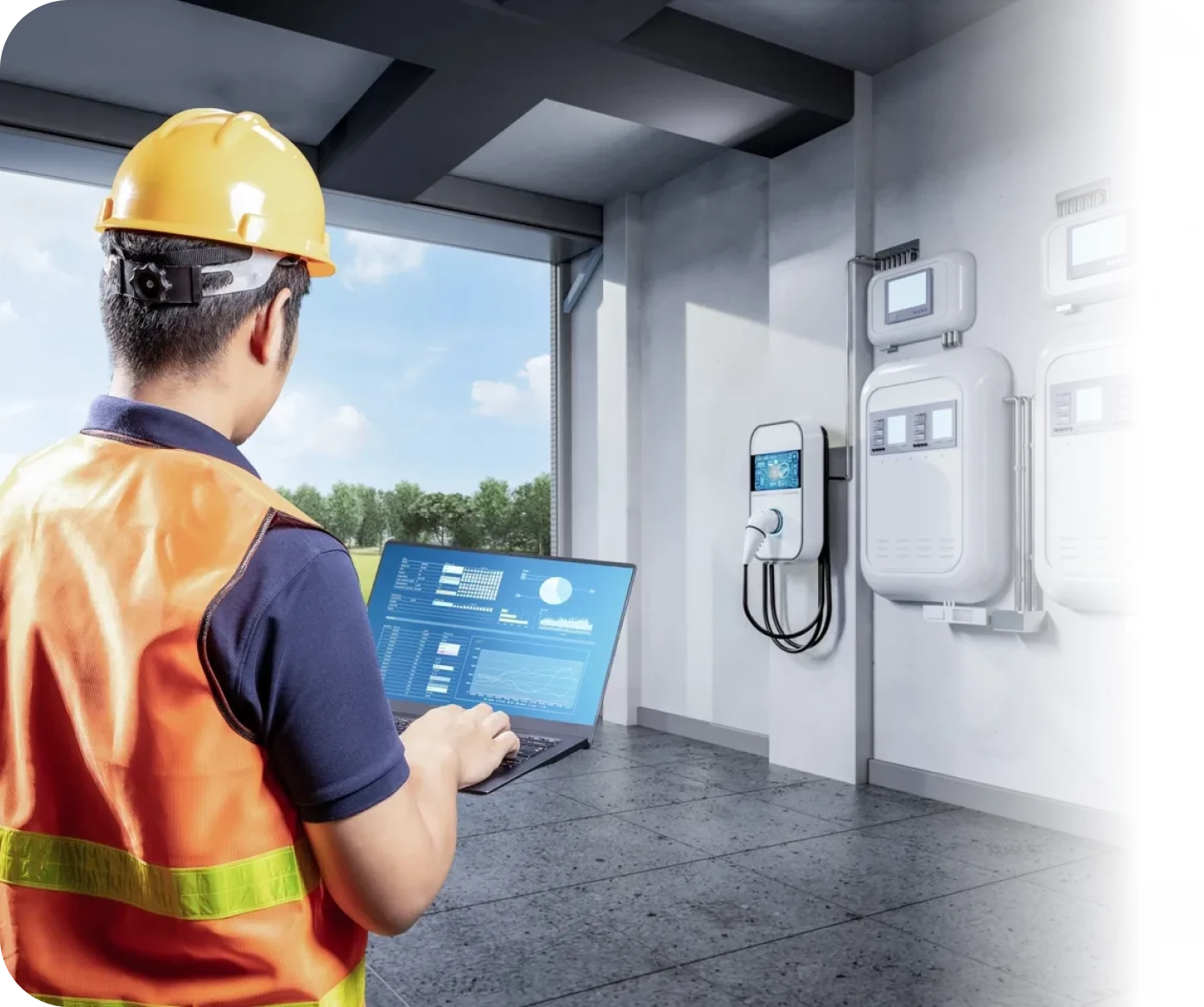 Worker inspecting solar panel controls