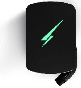 Black wireless charging pad with a green lightning bolt symbol.