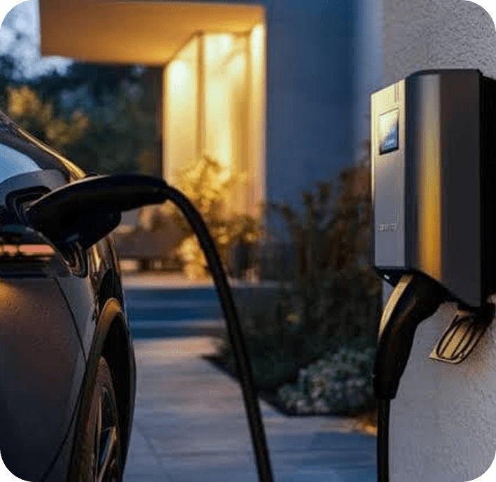 An electric car charging at a home charging station during evening.