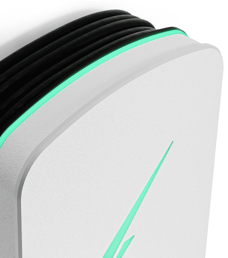 Close-up of a modern electronic device with glowing green accents.